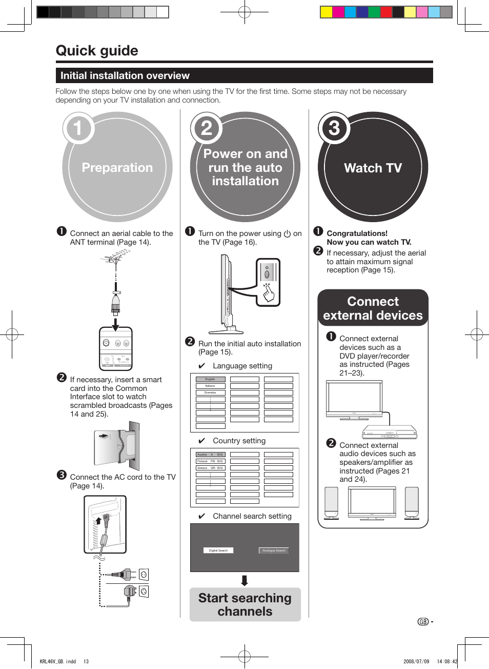 Quick guide, Initial installation overview, Start searching channels | Pioneer KRL-46V User Manual | Page 15 / 338