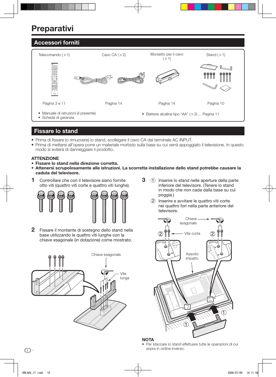 Preparativi, Accessori forniti, Fissare lo stand | Accessori forniti fissare lo stand | Pioneer KRL-46V User Manual | Page 156 / 338