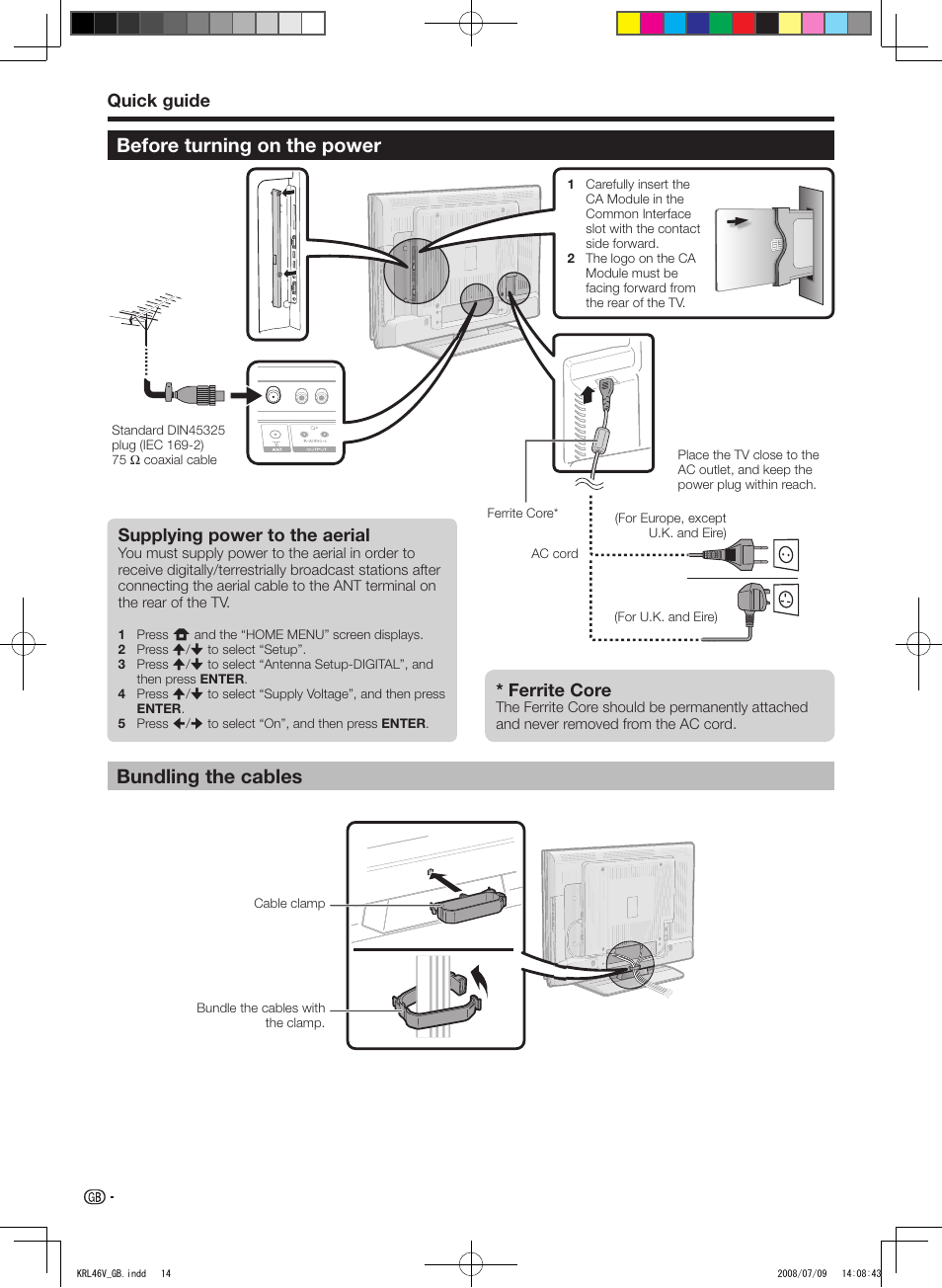 Before turning on the power, Bundling the cables, Before turning on the power bundling the cables | Quick guide, Supplying power to the aerial, Ferrite core | Pioneer KRL-46V User Manual | Page 16 / 338