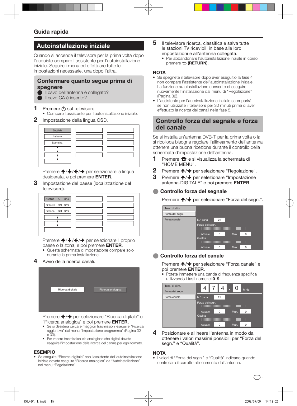 Autoinstallazione iniziale, Controllo forza del segnale e forza del canale, Guida rapida | Confermare quanto segue prima di spegnere, Controllo forza del segnale, Controllo forza del canale | Pioneer KRL-46V User Manual | Page 161 / 338