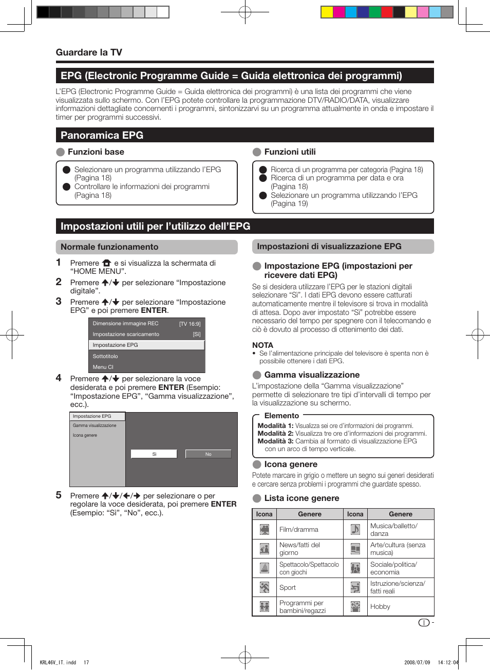 Epg (electronic programme guide, Guida elettronica dei programmi), Panoramica epg | Impostazioni utili per l’utilizzo dell’epg, Guardare la tv | Pioneer KRL-46V User Manual | Page 163 / 338