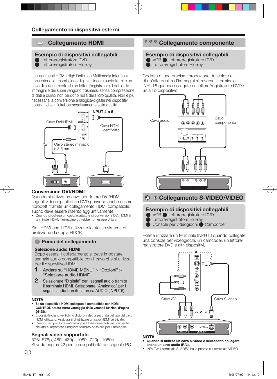 Collegamento hdmi, Collegamento componente, Collegamento s-video/video | Collegamento di dispositivi esterni, Esempio di dispositivi collegabili, Conversione dvi/hdmi, Segnali video supportati, Prima del collegamento | Pioneer KRL-46V User Manual | Page 168 / 338