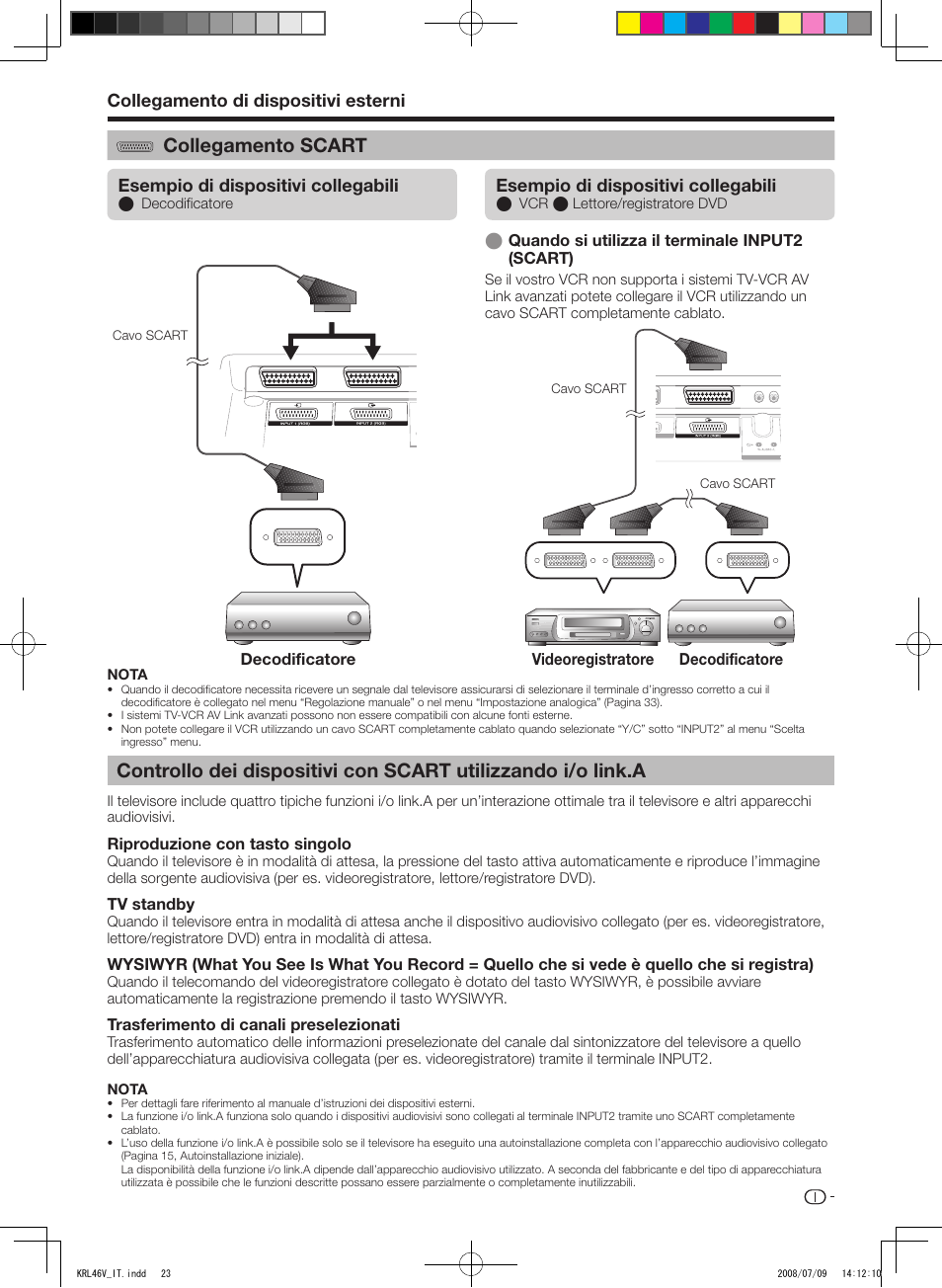Collegamento scart, Controllo dei dispositivi con scart, Utilizzando i/o link.a | Collegamento di dispositivi esterni, Esempio di dispositivi collegabili | Pioneer KRL-46V User Manual | Page 169 / 338