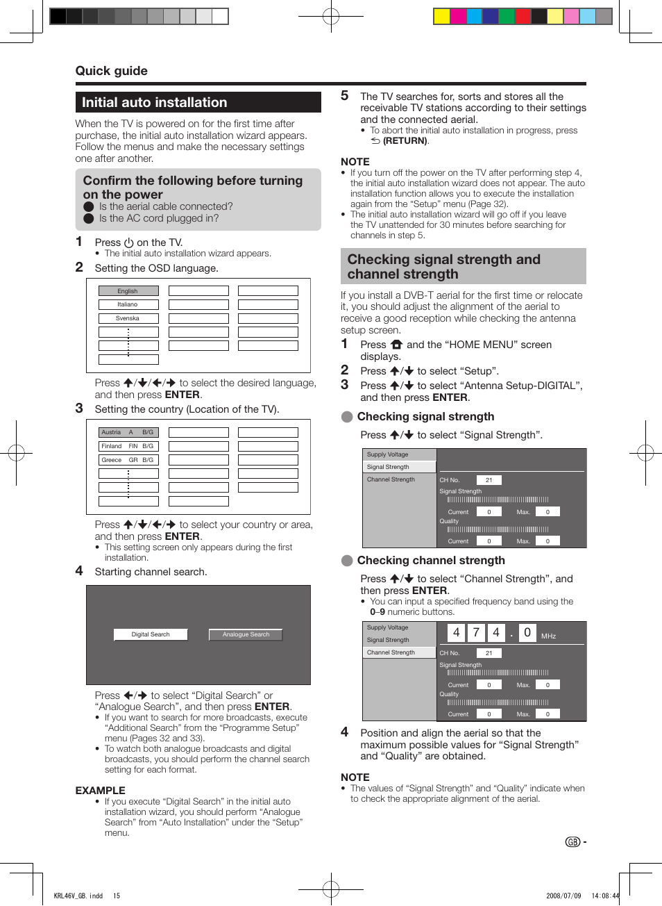 Initial auto installation, Checking signal strength and channel strength, Quick guide | Confirm the following before turning on the power | Pioneer KRL-46V User Manual | Page 17 / 338