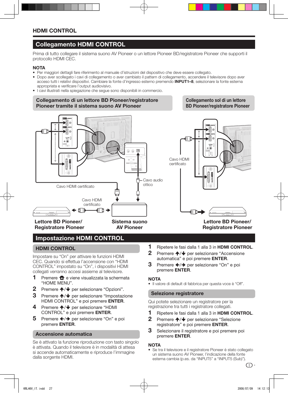 Collegamento hdmi control, Impostazione hdmi control | Pioneer KRL-46V User Manual | Page 173 / 338