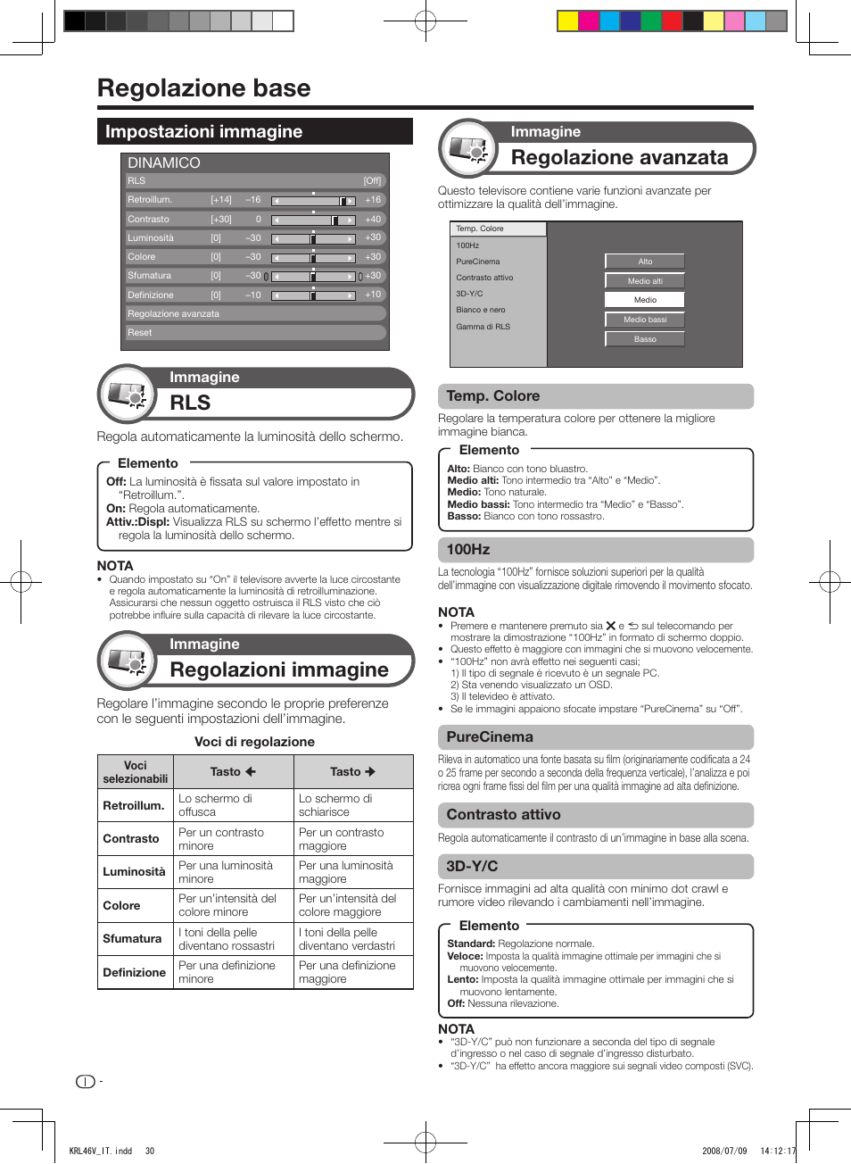 Regolazione base, Impostazioni immagine, Regolazione avanzata | Regolazioni immagine, Temp. colore, Dinamico 100hz, Purecinema, Contrasto attivo, 3d-y/c, Immagine | Pioneer KRL-46V User Manual | Page 176 / 338