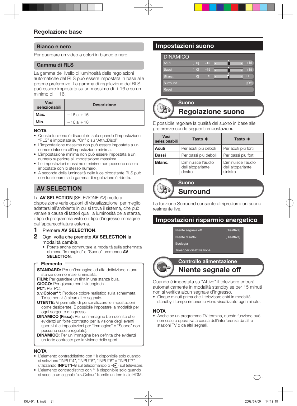 Av selection, Impostazioni suono, Impostazioni risparmio energetico | Regolazione suono, Surround, Niente segnale off, Regolazione base | Pioneer KRL-46V User Manual | Page 177 / 338