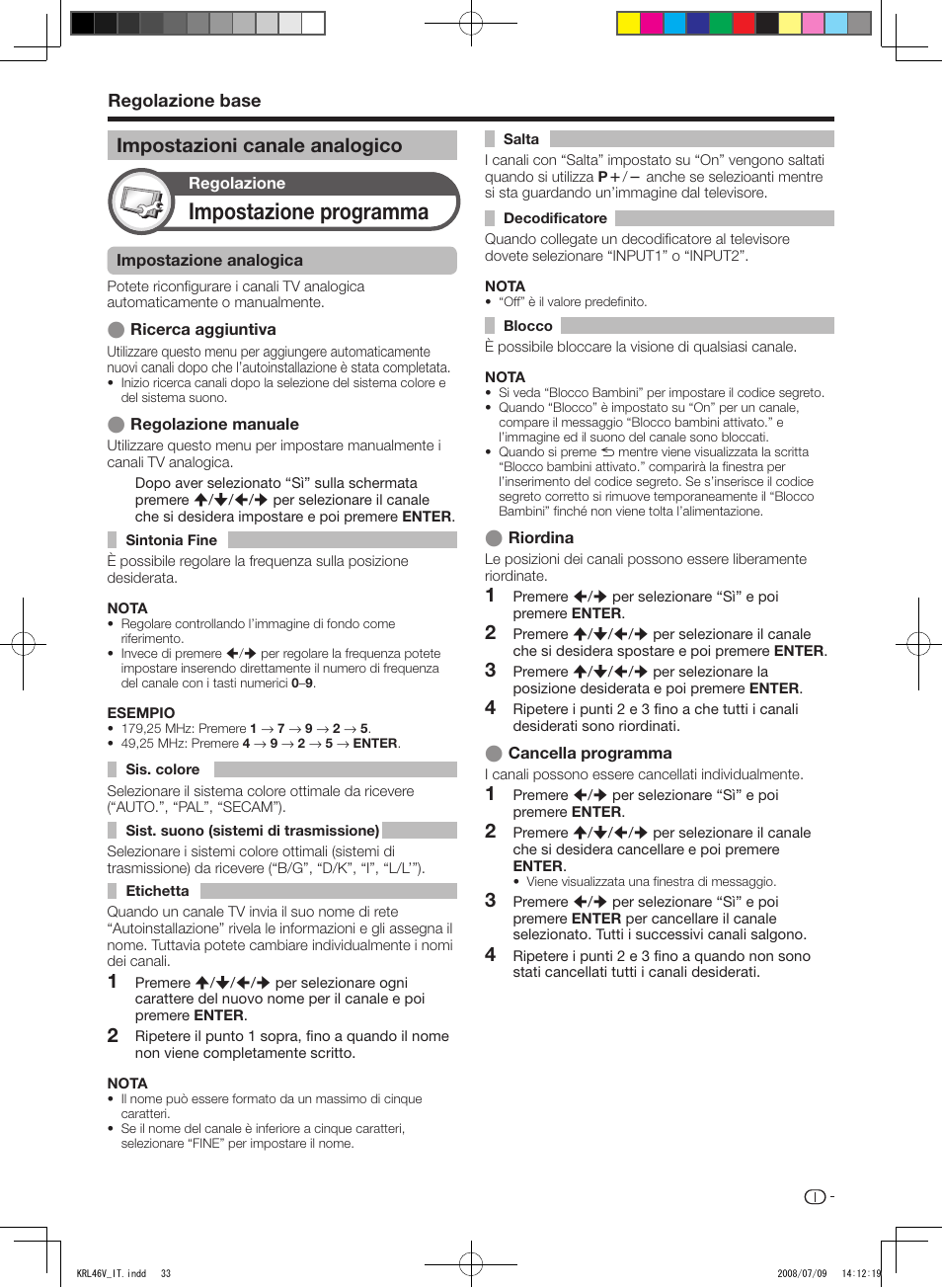 Impostazioni canale analogico, Impostazione programma, Regolazione base | Pioneer KRL-46V User Manual | Page 179 / 338