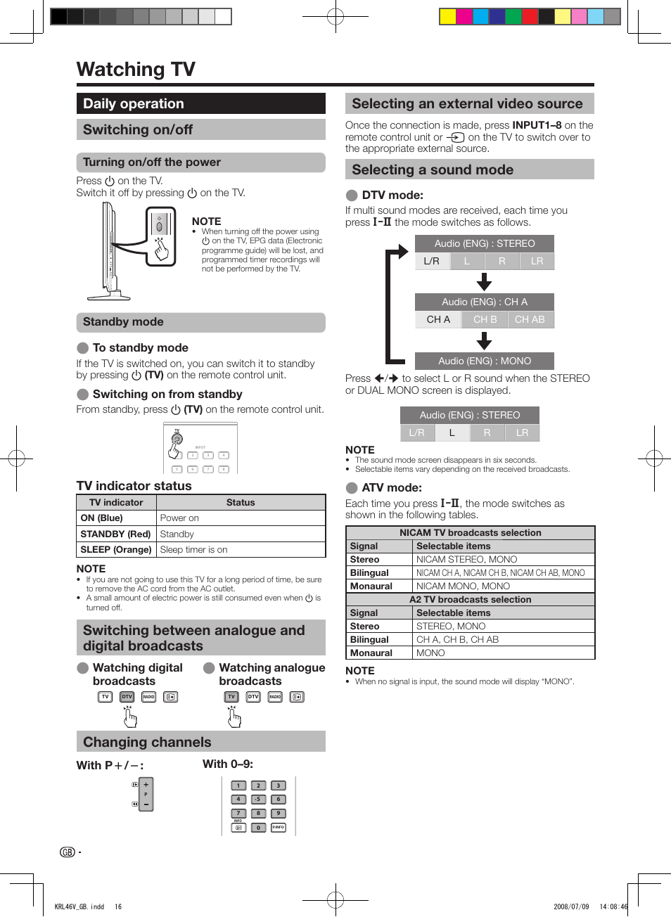 Watching tv, Daily operation, Switching on/off | Switching between analogue and, Digital broadcasts, Changing channels, Selecting an external video source, Selecting a sound mode, Daily operation switching on/off, Tv indicator status | Pioneer KRL-46V User Manual | Page 18 / 338