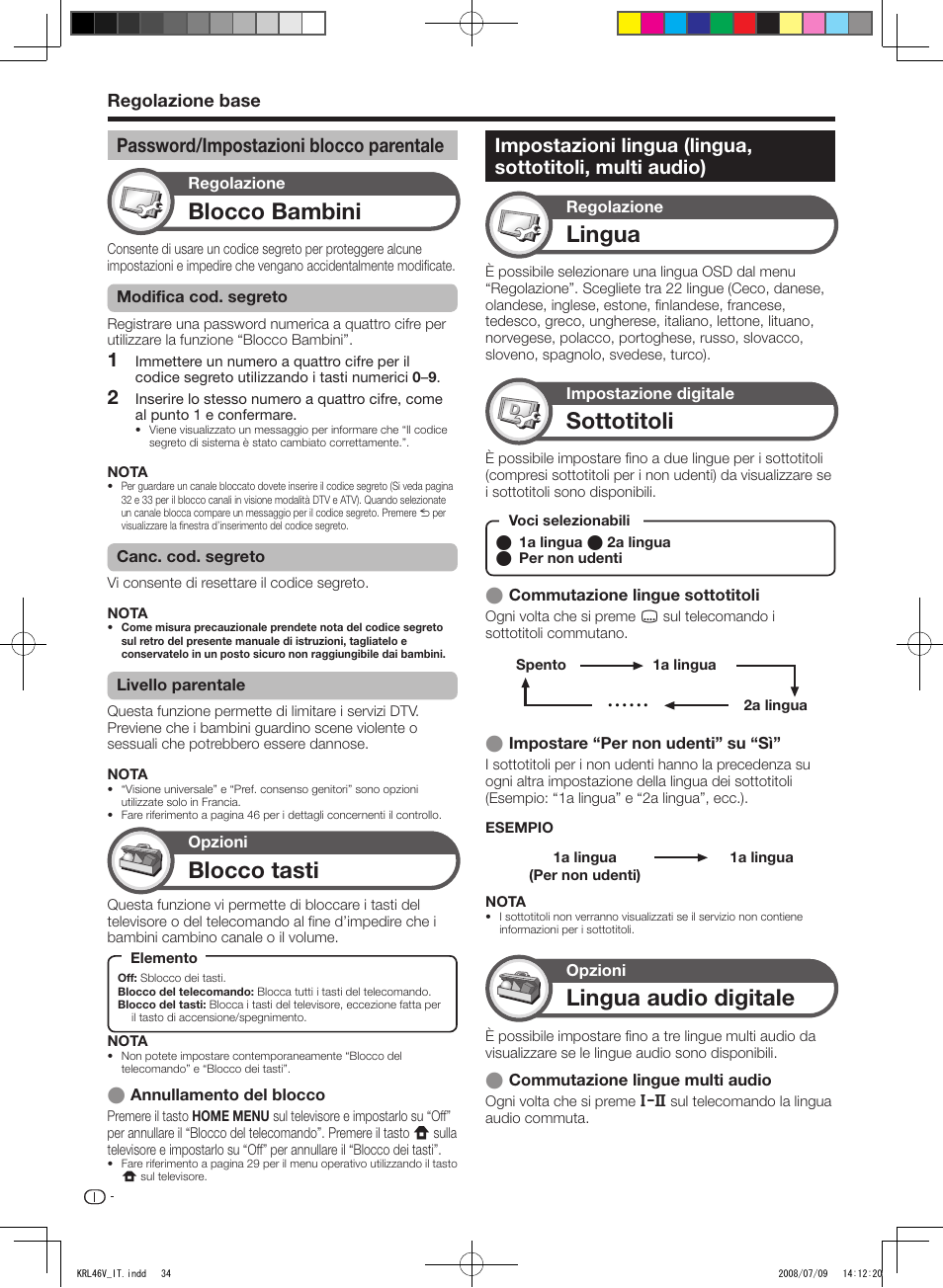 Password/impostazioni blocco parentale, Blocco bambini, Lingua | Sottotitoli, Lingua audio digitale, Blocco tasti, Regolazione base | Pioneer KRL-46V User Manual | Page 180 / 338