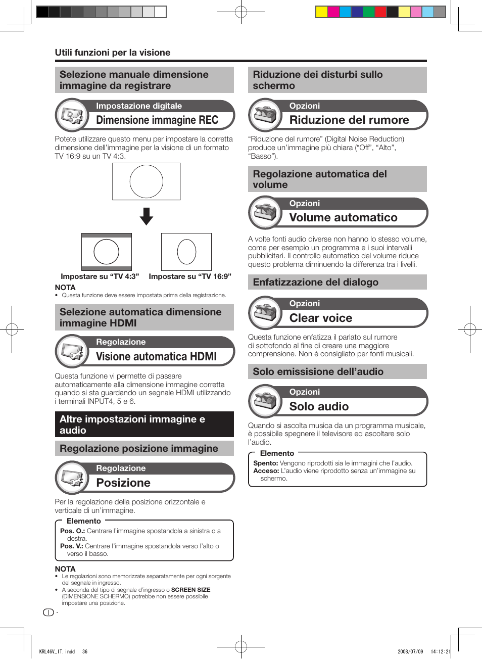 Selezione manuale dimensione immagine da, Registrare, Selezione automatica dimensione immagine hdmi | Altre impostazioni immagine e audio, Regolazione posizione immagine, Riduzione dei disturbi sullo schermo, Regolazione automatica del volume, Enfatizzazione del dialogo, Solo emissisione dell’audio, Dimensione immagine rec | Pioneer KRL-46V User Manual | Page 182 / 338
