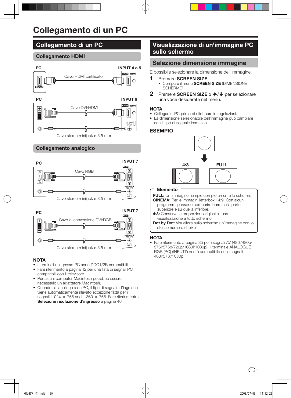 Collegamento di un pc, Visualizzazione di un’immagine pc sullo schermo, Selezione dimensione immagine | Pioneer KRL-46V User Manual | Page 185 / 338