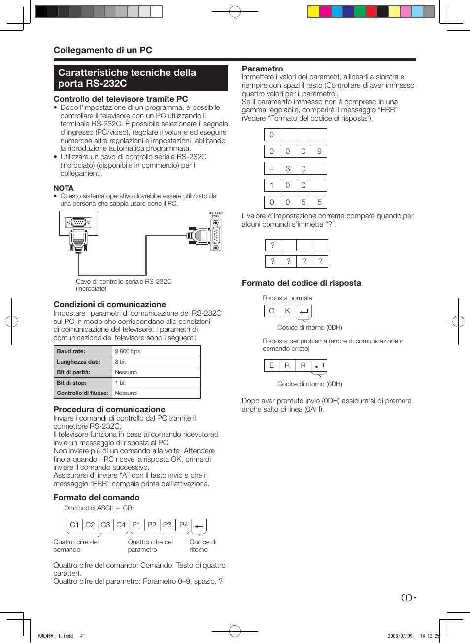 Caratteristiche tecniche della porta rs-232c, Collegamento di un pc | Pioneer KRL-46V User Manual | Page 187 / 338