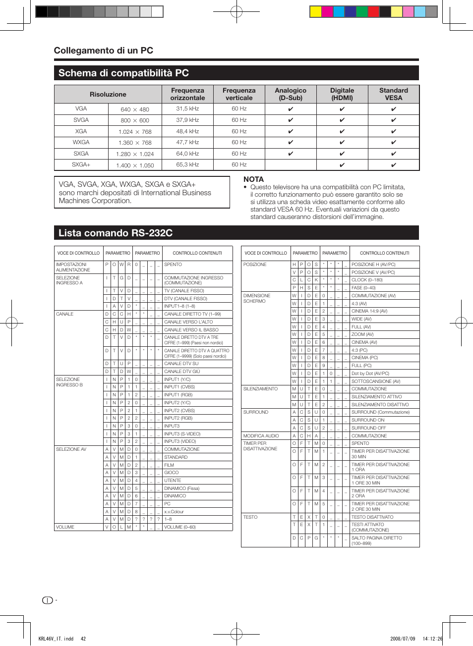 Schema di compatibilità pc, Lista comando rs-232c, Collegamento di un pc | Nota | Pioneer KRL-46V User Manual | Page 188 / 338