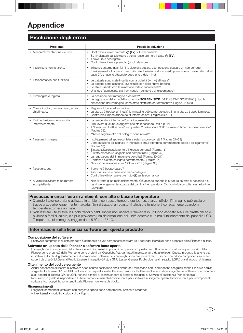 Appendice, Risoluzione degli errori | Pioneer KRL-46V User Manual | Page 189 / 338