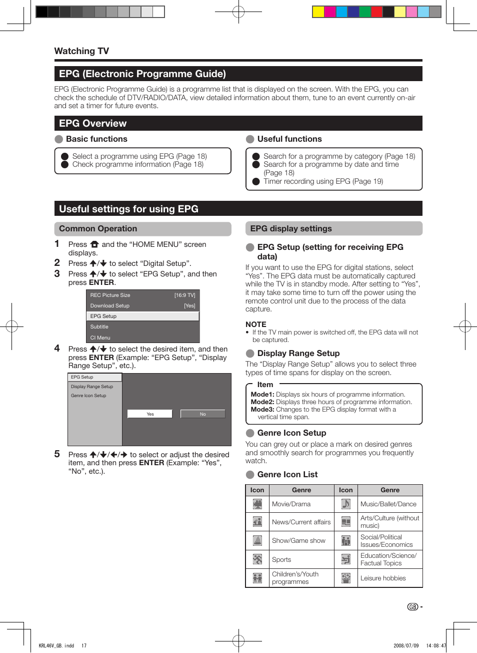 Epg (electronic programme guide), Epg overview, Useful settings for using epg | Watching tv | Pioneer KRL-46V User Manual | Page 19 / 338
