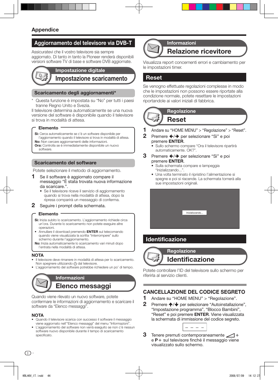 Aggiornamento del televisore via dvb-t, Reset, Identificazione | Impostazione scaricamento, Elenco messaggi, Relazione ricevitore, Identificazione 1 2, Appendice, Cancellazione del codice segreto | Pioneer KRL-46V User Manual | Page 190 / 338