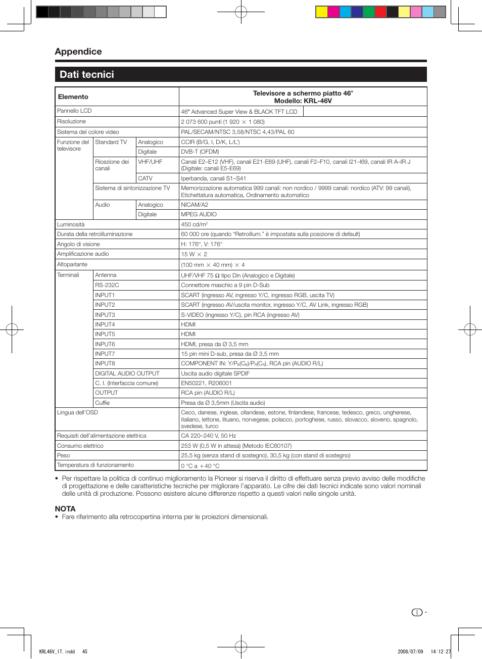 Dati tecnici, Appendice | Pioneer KRL-46V User Manual | Page 191 / 338