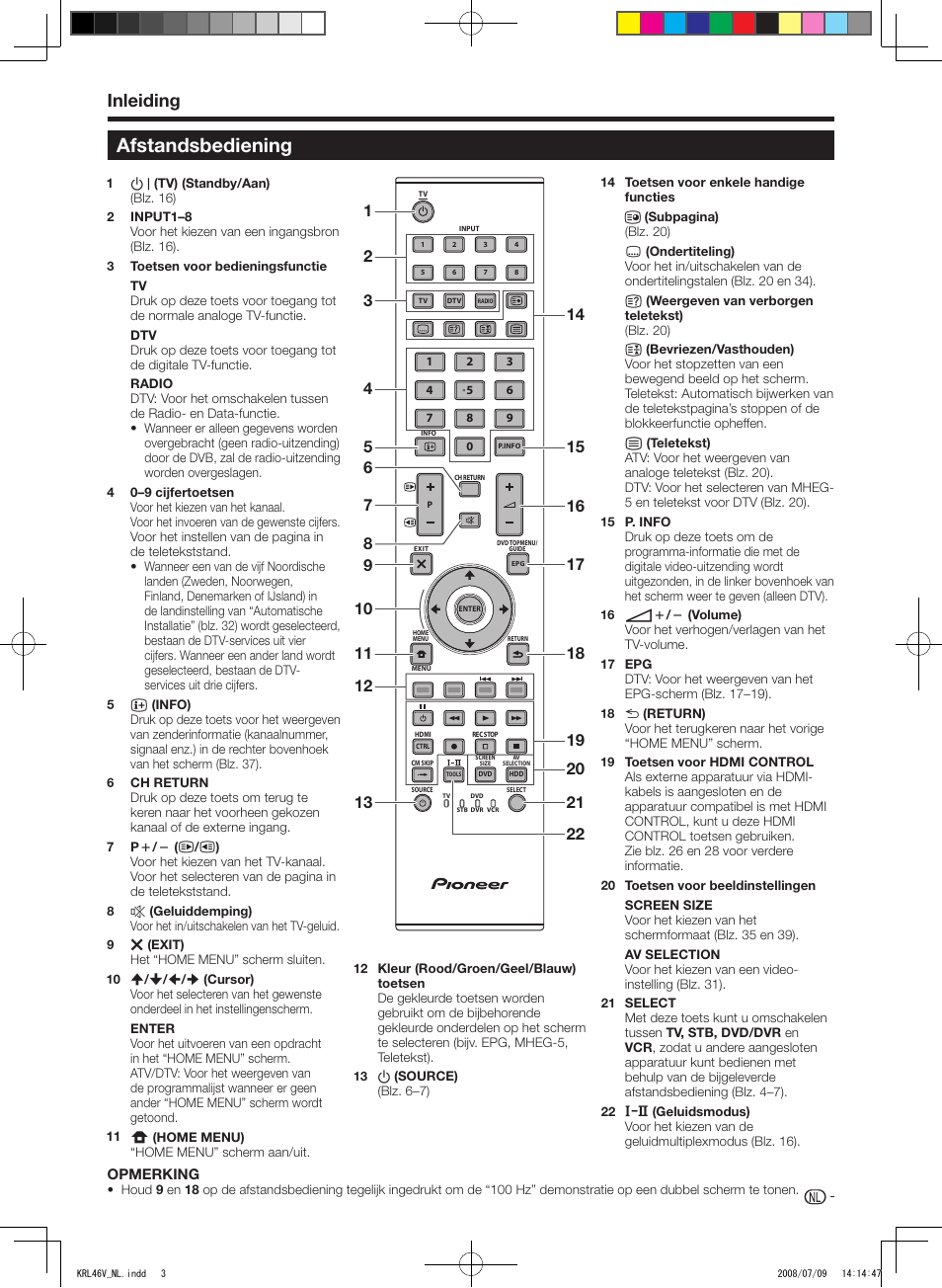 Afstandsbediening, Inleiding | Pioneer KRL-46V User Manual | Page 197 / 338