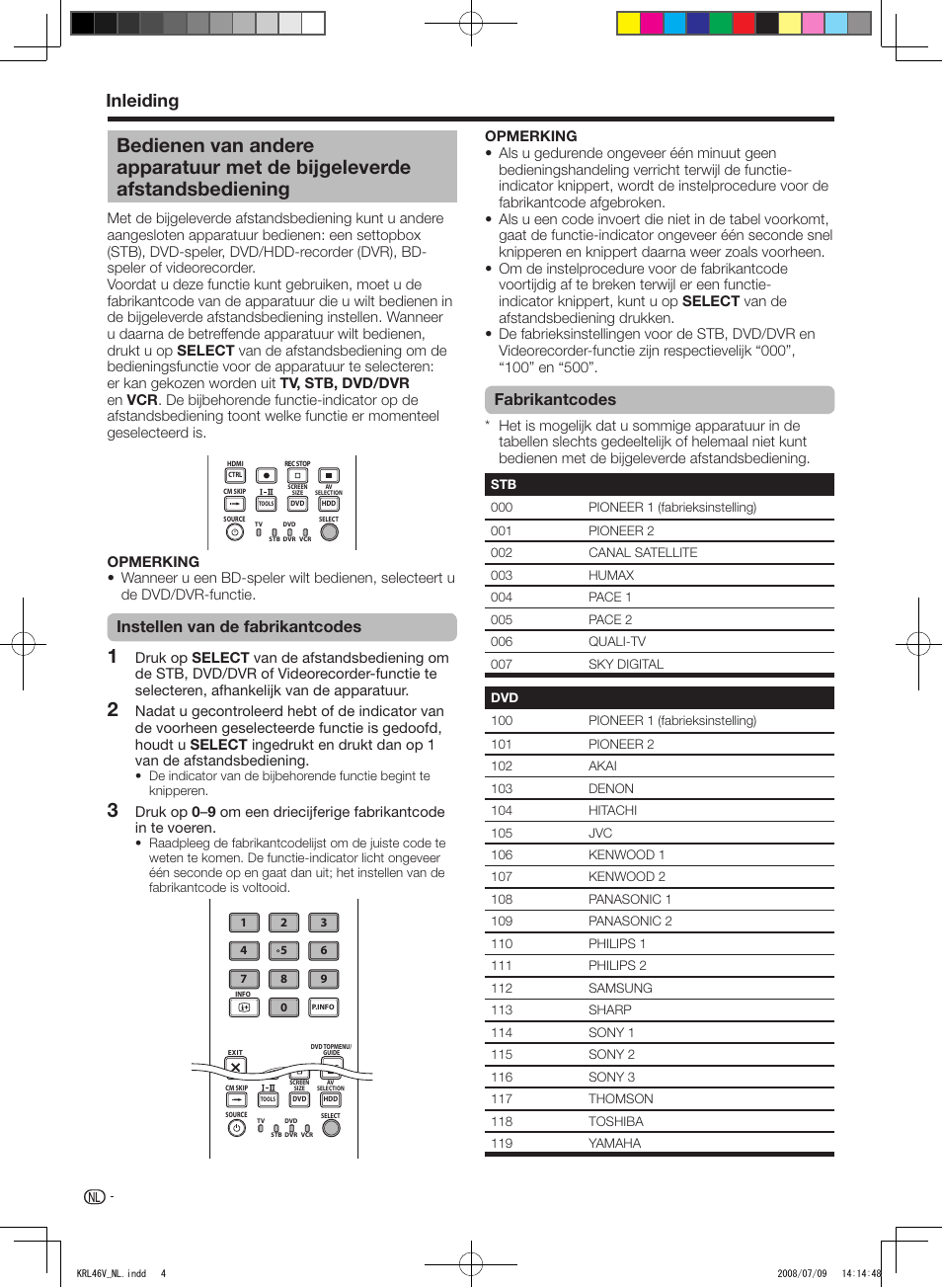 Bedienen van andere apparatuur met de bijgeleverde, Afstandsbediening, Inleiding | Instellen.van.de.fabrikantcodes, Fabrikantcodes | Pioneer KRL-46V User Manual | Page 198 / 338