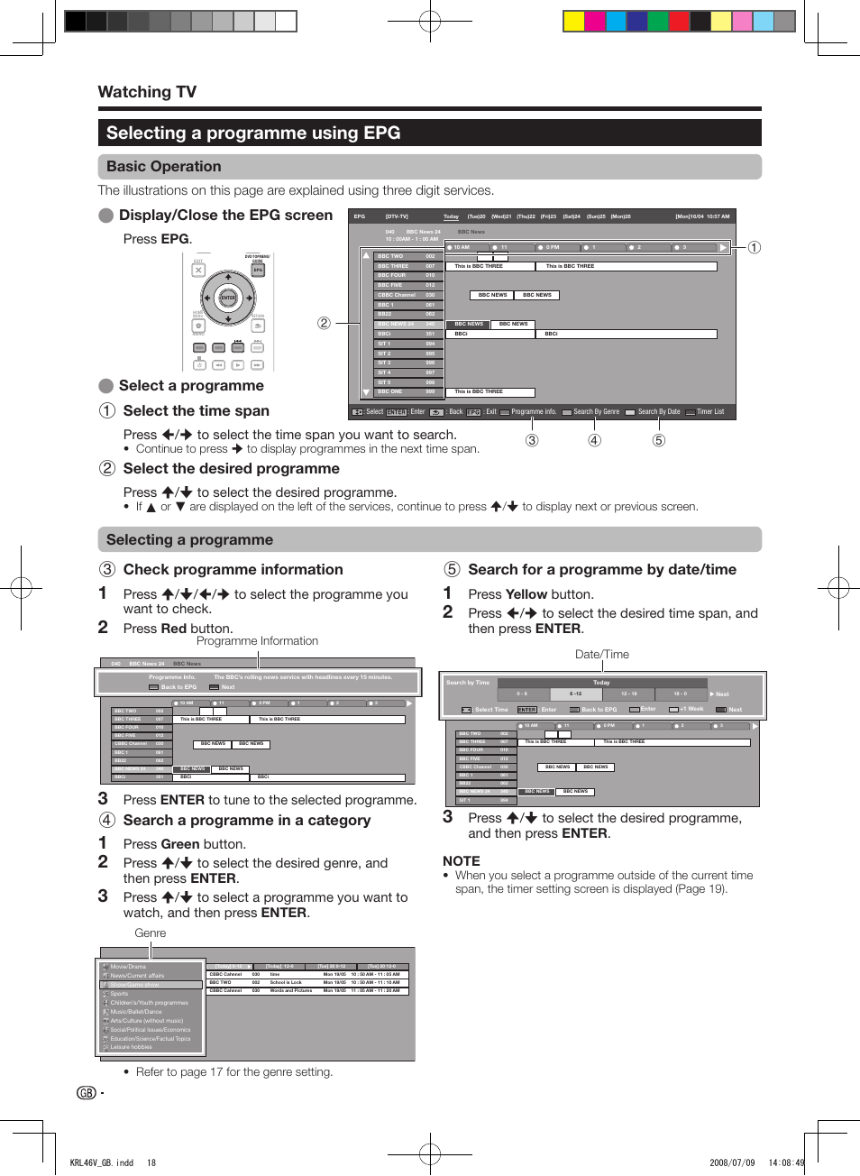 Selecting a programme using epg, Watching tv, Check programme information | Search a programme in a category, Search for a programme by date/time, Select a programme select the time span, Select the desired programme, Basic operation, Display/close the epg screen, Eselecting a programme | Pioneer KRL-46V User Manual | Page 20 / 338