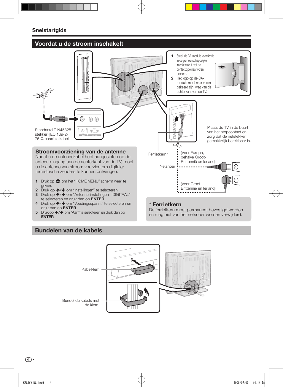 Voordat u de stroom inschakelt, Bundelen van de kabels, Snelstartgids | Ferrietkern, Stroomvoorziening.van.de.antenne | Pioneer KRL-46V User Manual | Page 208 / 338