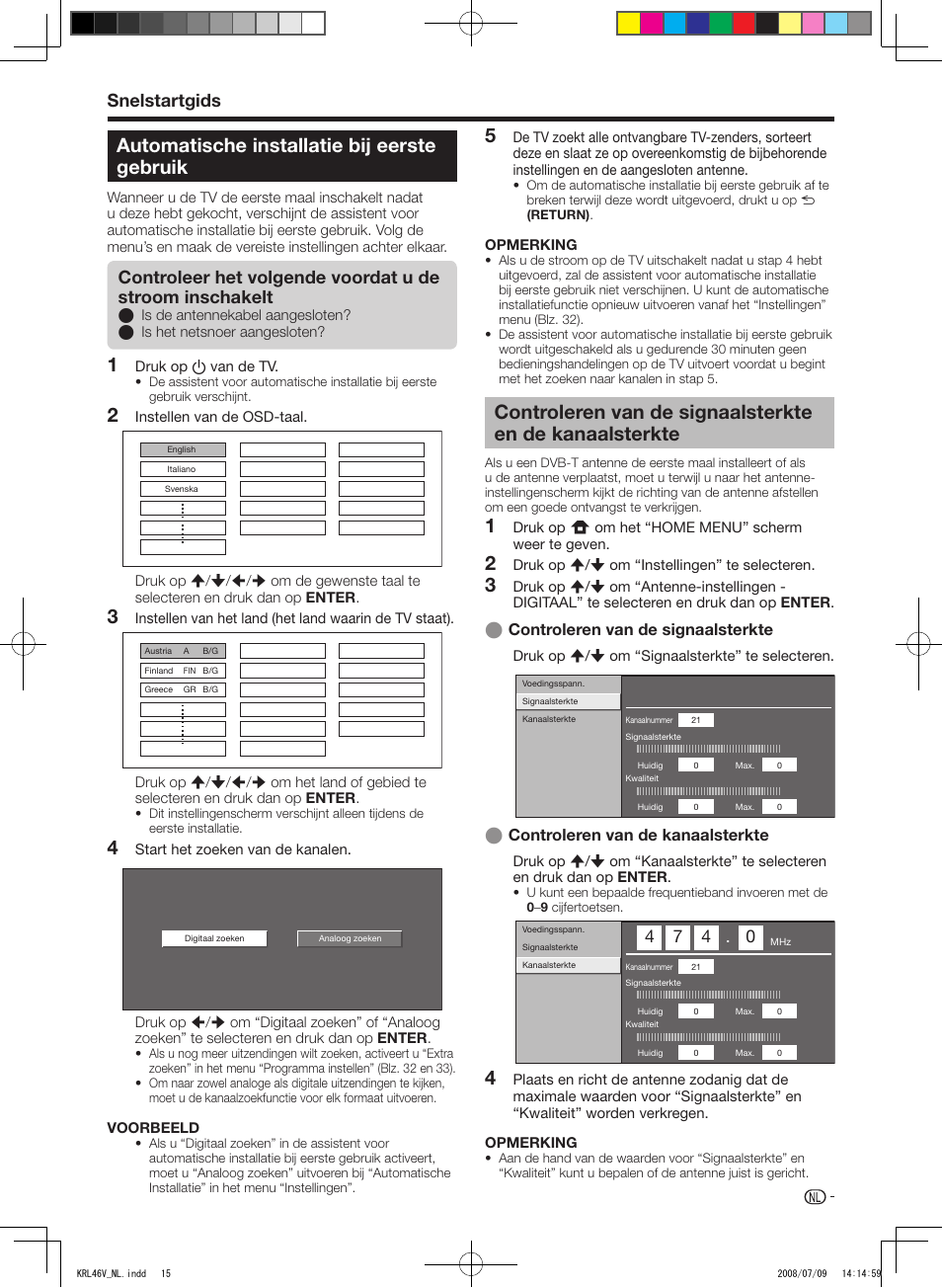 Automatische installatie bij eerste gebruik, Controleren van de signaalsterkte en de, Kanaalsterkte | Automatische.installatie.bij.eerste. gebruik, Snelstartgids | Pioneer KRL-46V User Manual | Page 209 / 338