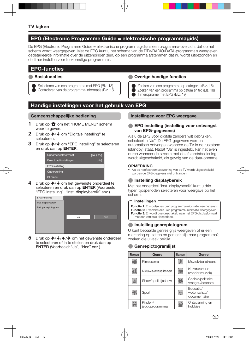 Epg (electronic programme guide, Elektronische programmagids), Epg-functies | Handige instellingen voor het gebruik van epg, Handige.instellingen.voor.het.gebruik.van.epg, Tv.kijken | Pioneer KRL-46V User Manual | Page 211 / 338