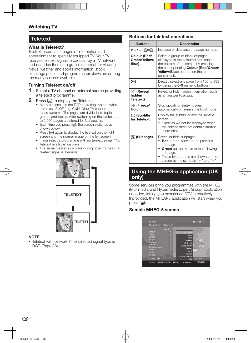 Teletext, Using the mheg-5 application (uk only), Watching tv | Pioneer KRL-46V User Manual | Page 22 / 338