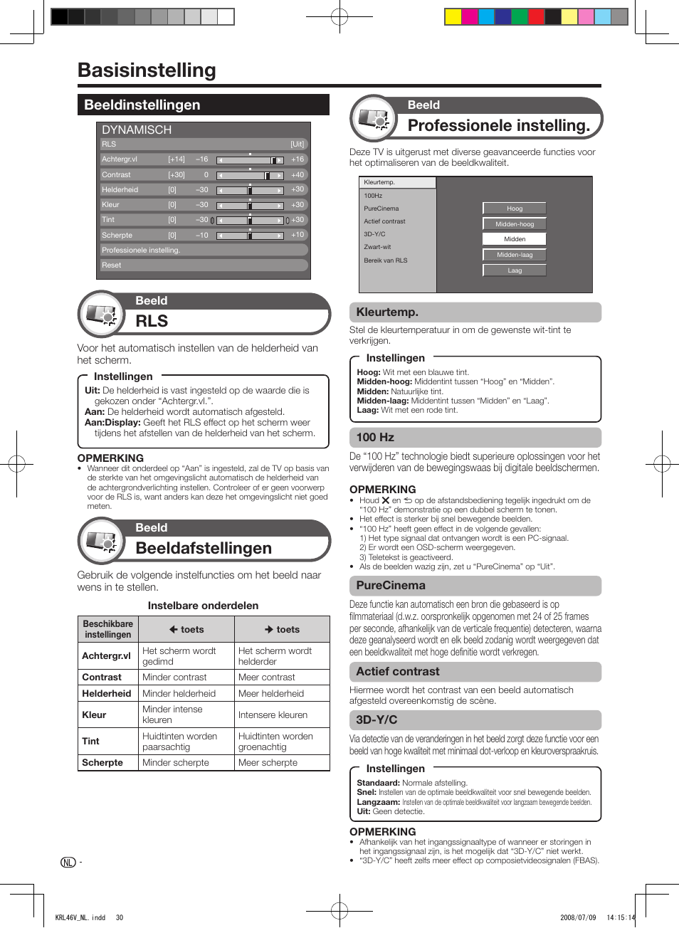 Basisinstelling, Beeldinstellingen, Professionele.instelling | Beeldafstellingen, Kleurtemp, Dynamisch 100.hz, Purecinema, Actief.contrast, 3d-y/c, Beeld | Pioneer KRL-46V User Manual | Page 224 / 338