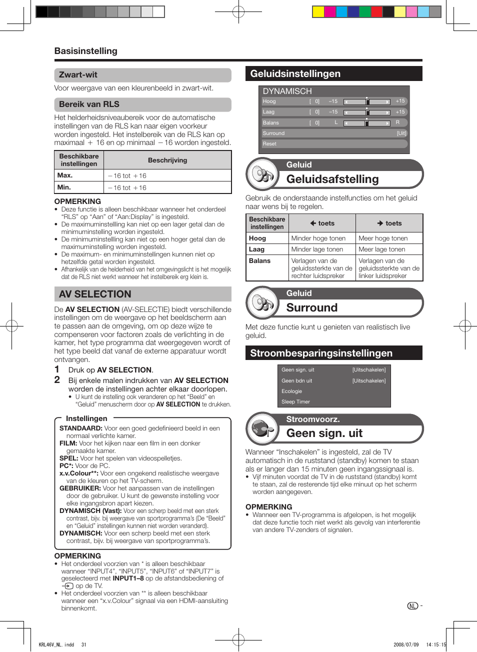 Av selection, Geluidsinstellingen, Stroombesparingsinstellingen | Geluidsafstelling, Surround, Geen.sign..uit, Av.selection, Basisinstelling | Pioneer KRL-46V User Manual | Page 225 / 338