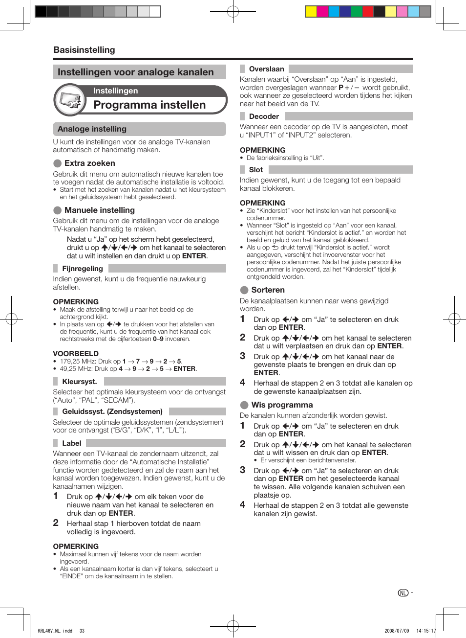 Instellingen voor analoge kanalen, Programma.instellen, Instellingen.voor.analoge.kanalen | Basisinstelling | Pioneer KRL-46V User Manual | Page 227 / 338