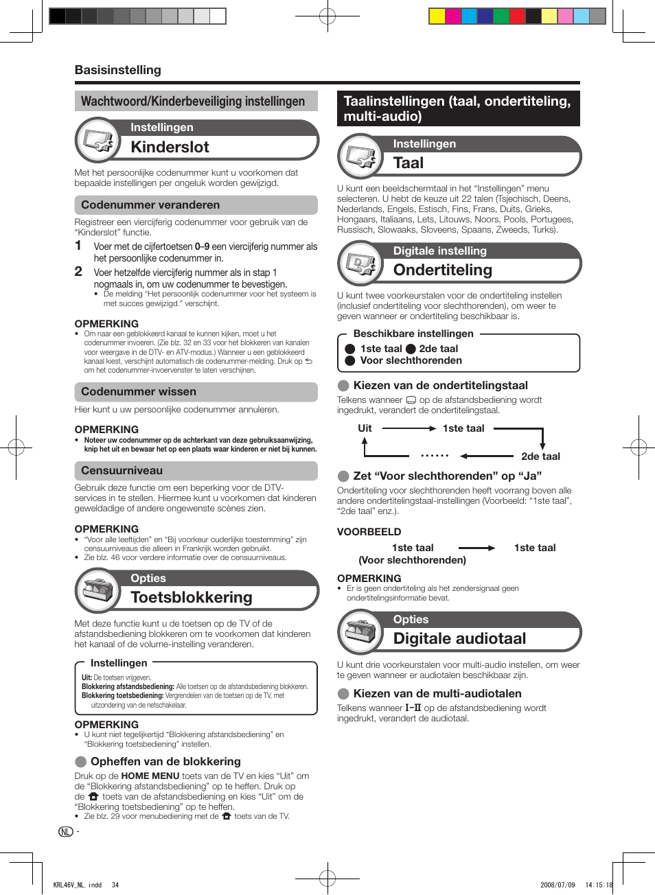 Wachtwoord/kinderbeveiliging instellingen, Kinderslot, Taal | Ondertiteling, Digitale.audiotaal, Toetsblokkering, Wachtwoord/kinderbeveiliging.instellingen, Basisinstelling | Pioneer KRL-46V User Manual | Page 228 / 338