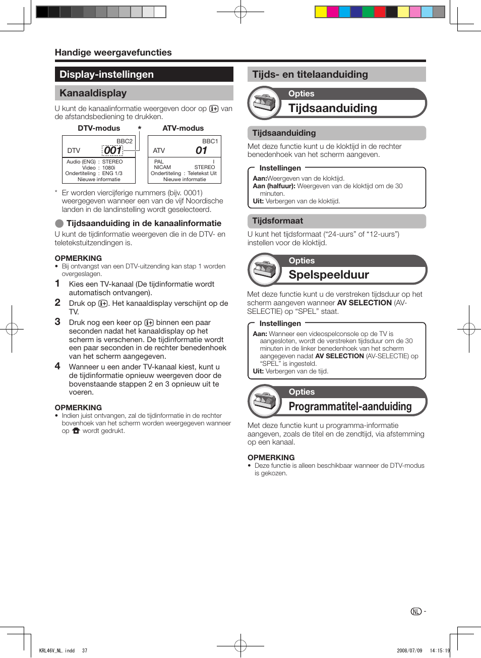 Display-instellingen, Kanaaldisplay, Tijds- en titelaanduiding | Tijdsaanduiding, Spelspeelduur, Programmatitel-aanduiding, Display-instellingen kanaaldisplay, Tijds-.en.titelaanduiding, Handige.weergavefuncties | Pioneer KRL-46V User Manual | Page 231 / 338