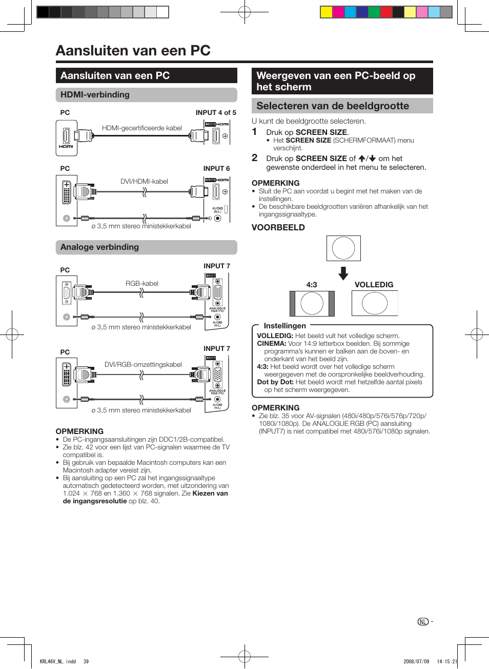 Aansluiten.van.een.pc, Aansluiten van een pc, Weergeven van een pc-beeld op het scherm | Selecteren van de beeldgrootte | Pioneer KRL-46V User Manual | Page 233 / 338