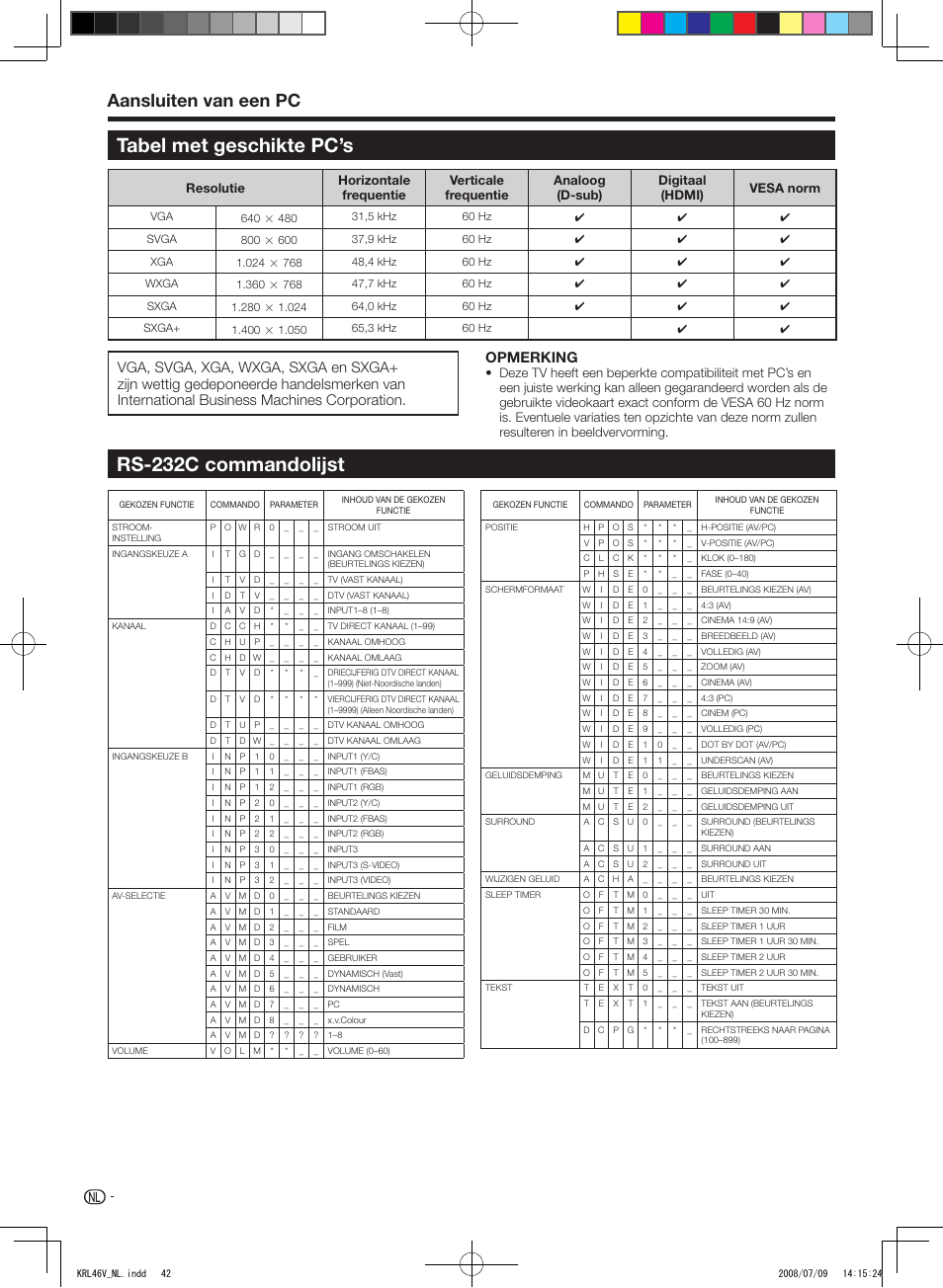 Tabel met geschikte pc’s, Rs-232c commandolijst, Tabel.met.geschikte.pc’s | Aansluiten.van.een.pc, Opmerking | Pioneer KRL-46V User Manual | Page 236 / 338
