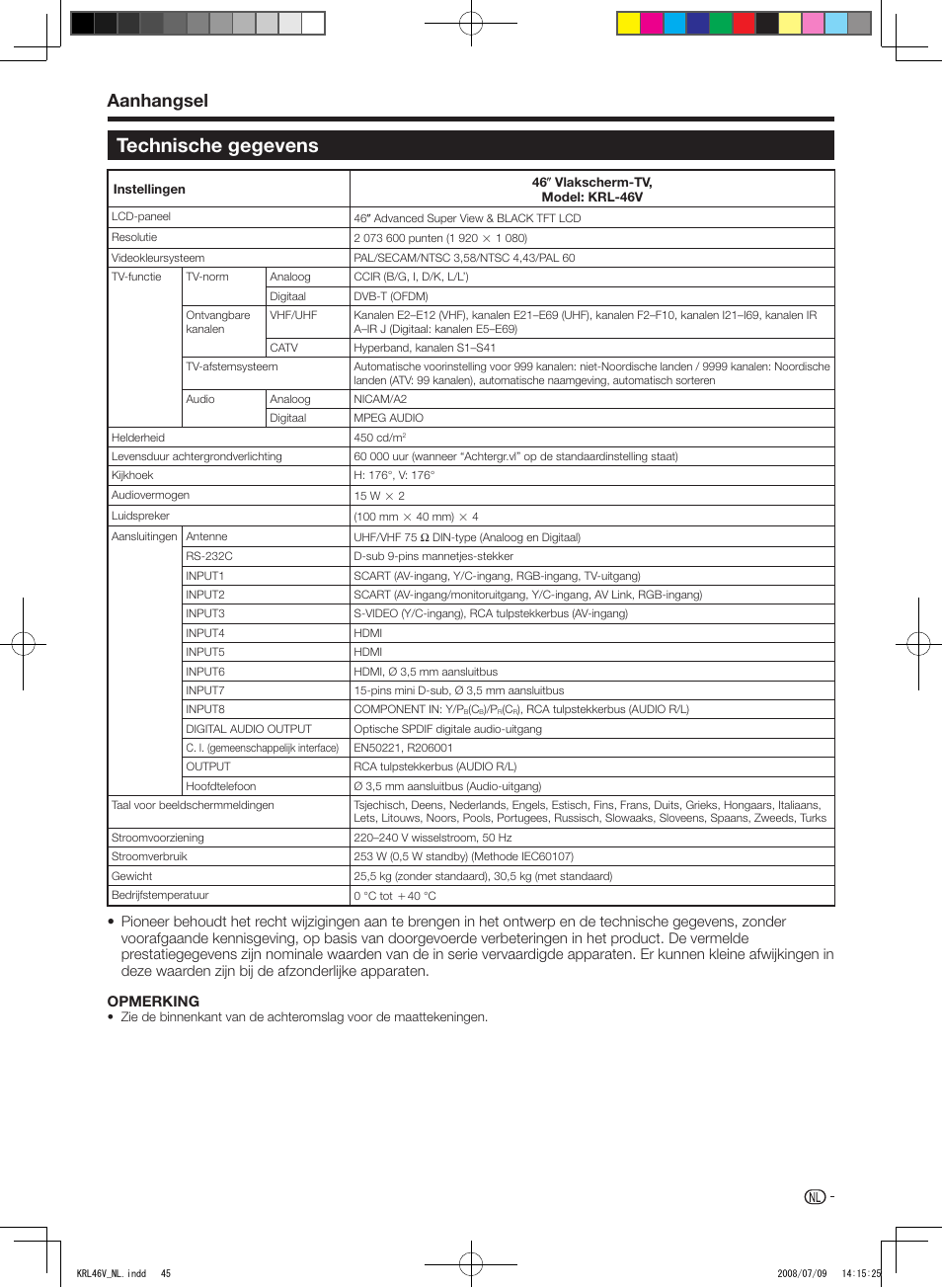 Technische gegevens, Technische.gegevens, Aanhangsel | Pioneer KRL-46V User Manual | Page 239 / 338
