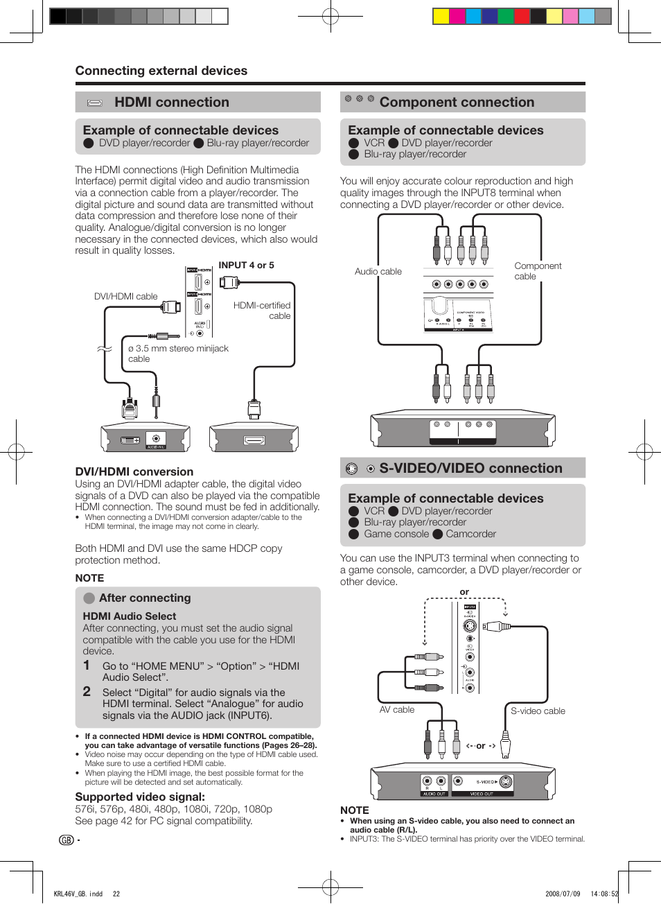 Hdmi connection, Component connection, S-video/video connection | Connecting external devices, Example of connectable devices, Dvi/hdmi conversion, Supported video signal, After connecting | Pioneer KRL-46V User Manual | Page 24 / 338