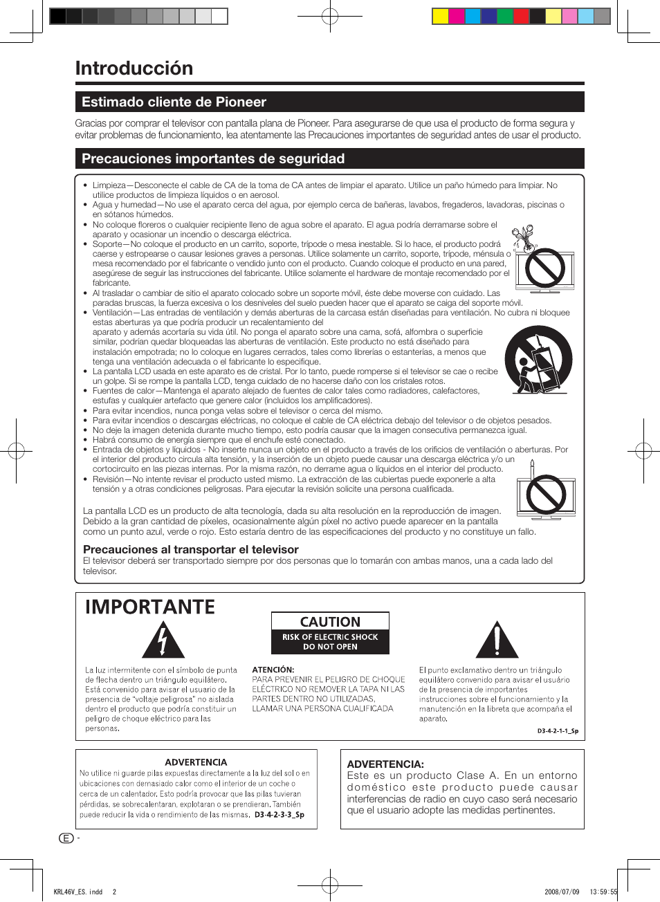 Introducción, Estimado cliente de pioneer, Precauciones importantes de seguridad | Pioneer KRL-46V User Manual | Page 244 / 338