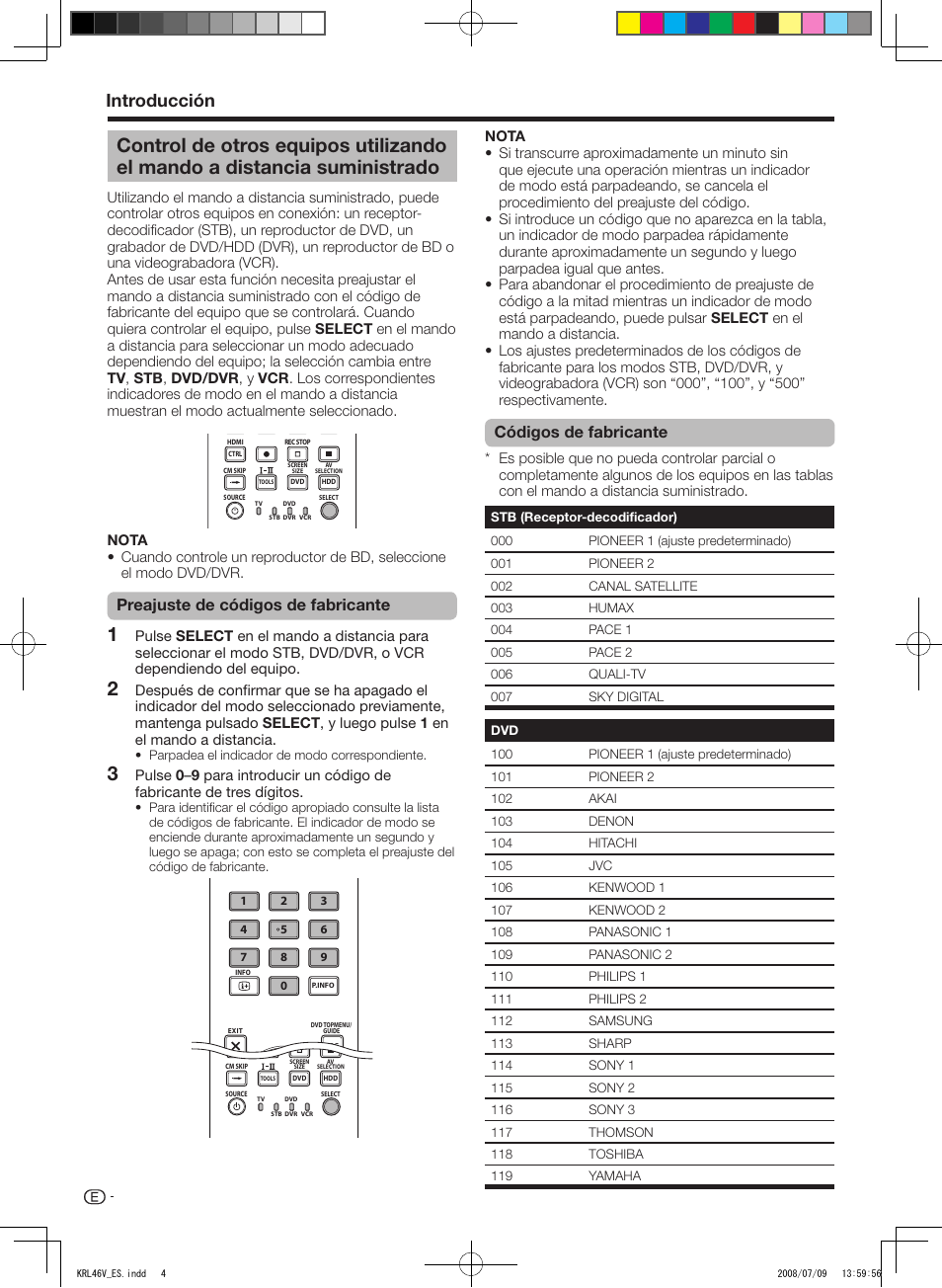 Control de otros equipos utilizando el mando a, Distancia suministrado, Introducción | Preajuste de códigos de fabricante, Códigos de fabricante | Pioneer KRL-46V User Manual | Page 246 / 338