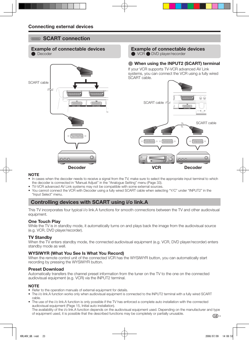 Scart connection, Controlling devices with scart using i/o link.a, Connecting external devices | Example of connectable devices | Pioneer KRL-46V User Manual | Page 25 / 338