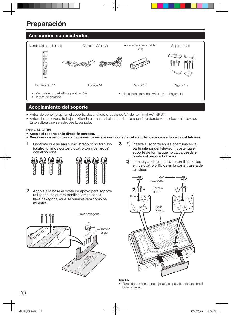 Preparación, Accesorios suministrados, Acoplamiento del soporte | Accesorios suministrados acoplamiento del soporte | Pioneer KRL-46V User Manual | Page 252 / 338