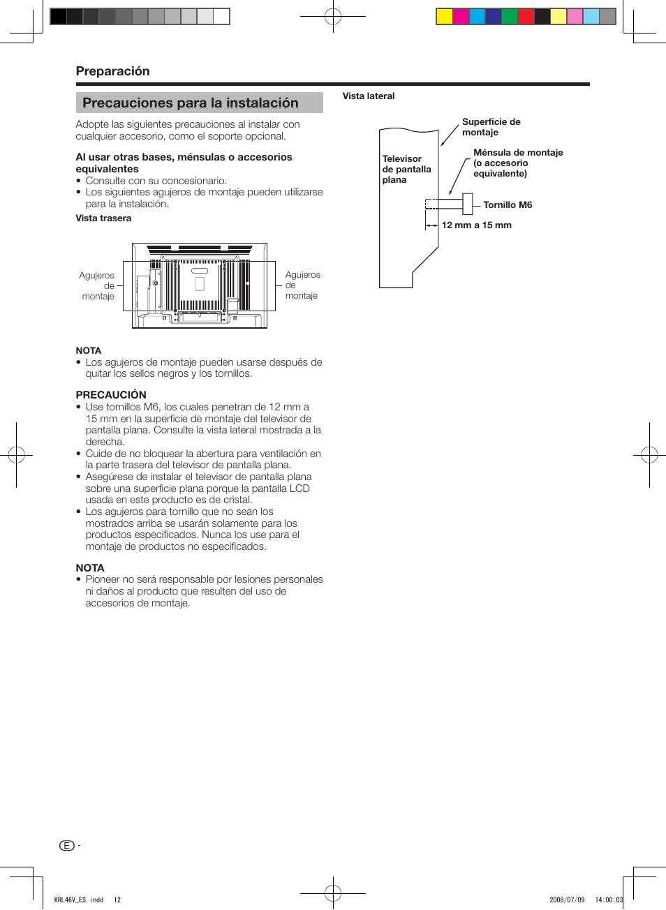 Precauciones para la instalación, Preparación | Pioneer KRL-46V User Manual | Page 254 / 338