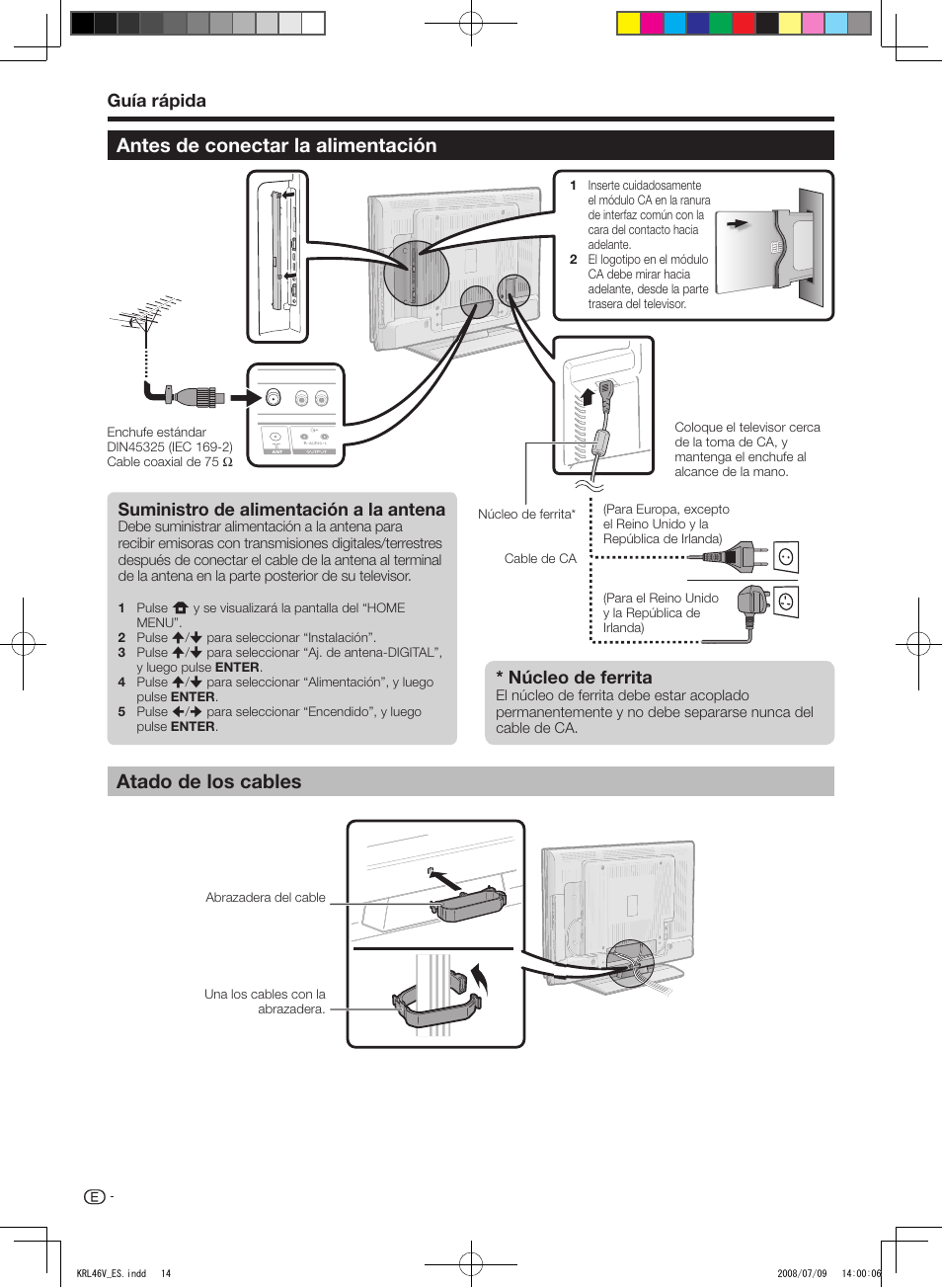 Antes de conectar la alimentación, Atado de los cables, Guía rápida suministro de alimentación a la antena | Núcleo de ferrita | Pioneer KRL-46V User Manual | Page 256 / 338