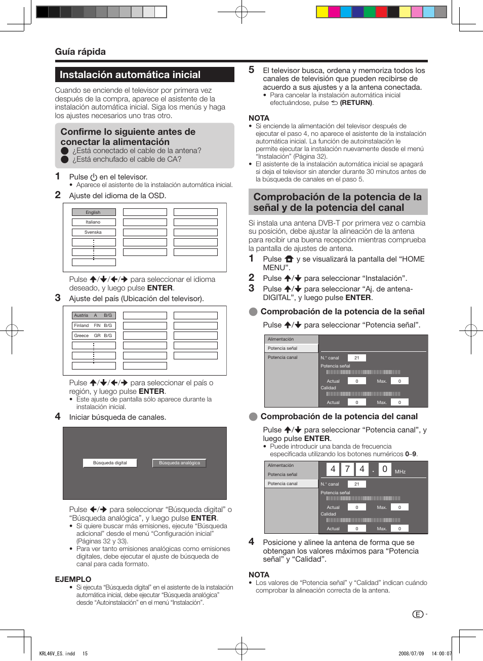 Instalación automática inicial, Comprobación de la potencia de la señal y de la, Potencia del canal | Guía rápida | Pioneer KRL-46V User Manual | Page 257 / 338