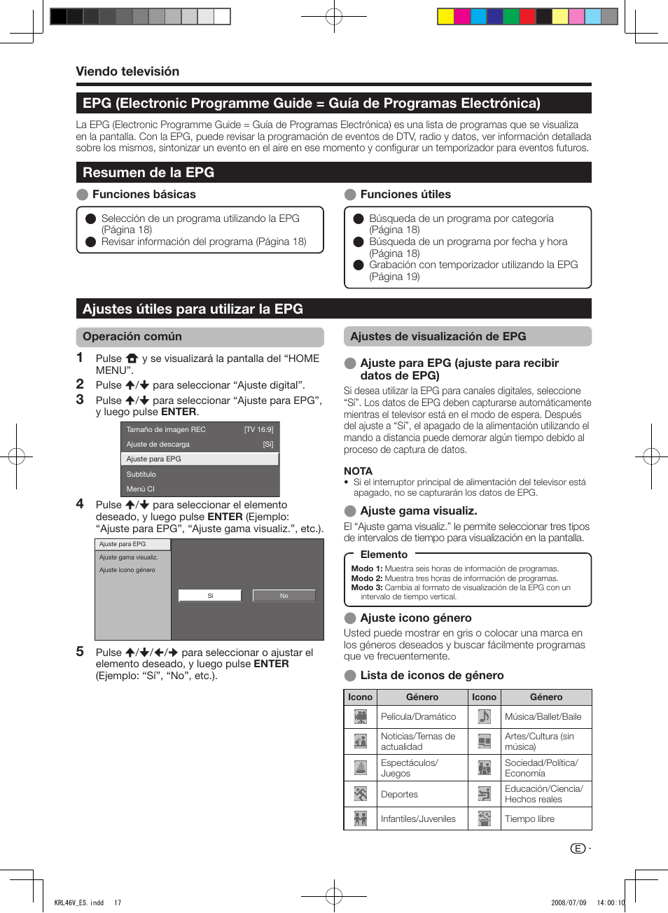 Epg (electronic programme guide, Guía de programas electrónica), Resumen de la epg | Ajustes útiles para utilizar la epg, Viendo televisión | Pioneer KRL-46V User Manual | Page 259 / 338