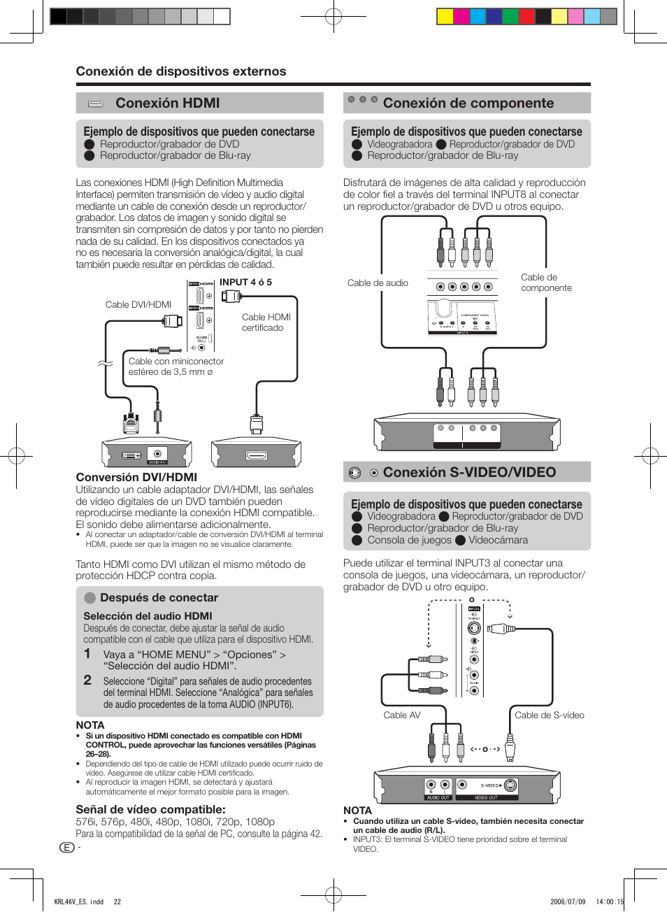 Conexión hdmi, Conexión de componente, Conexión s-video/video | Conexión de dispositivos externos, Ejemplo de dispositivos que pueden conectarse, Conversión dvi/hdmi, Señal de vídeo compatible, Después de conectar | Pioneer KRL-46V User Manual | Page 264 / 338