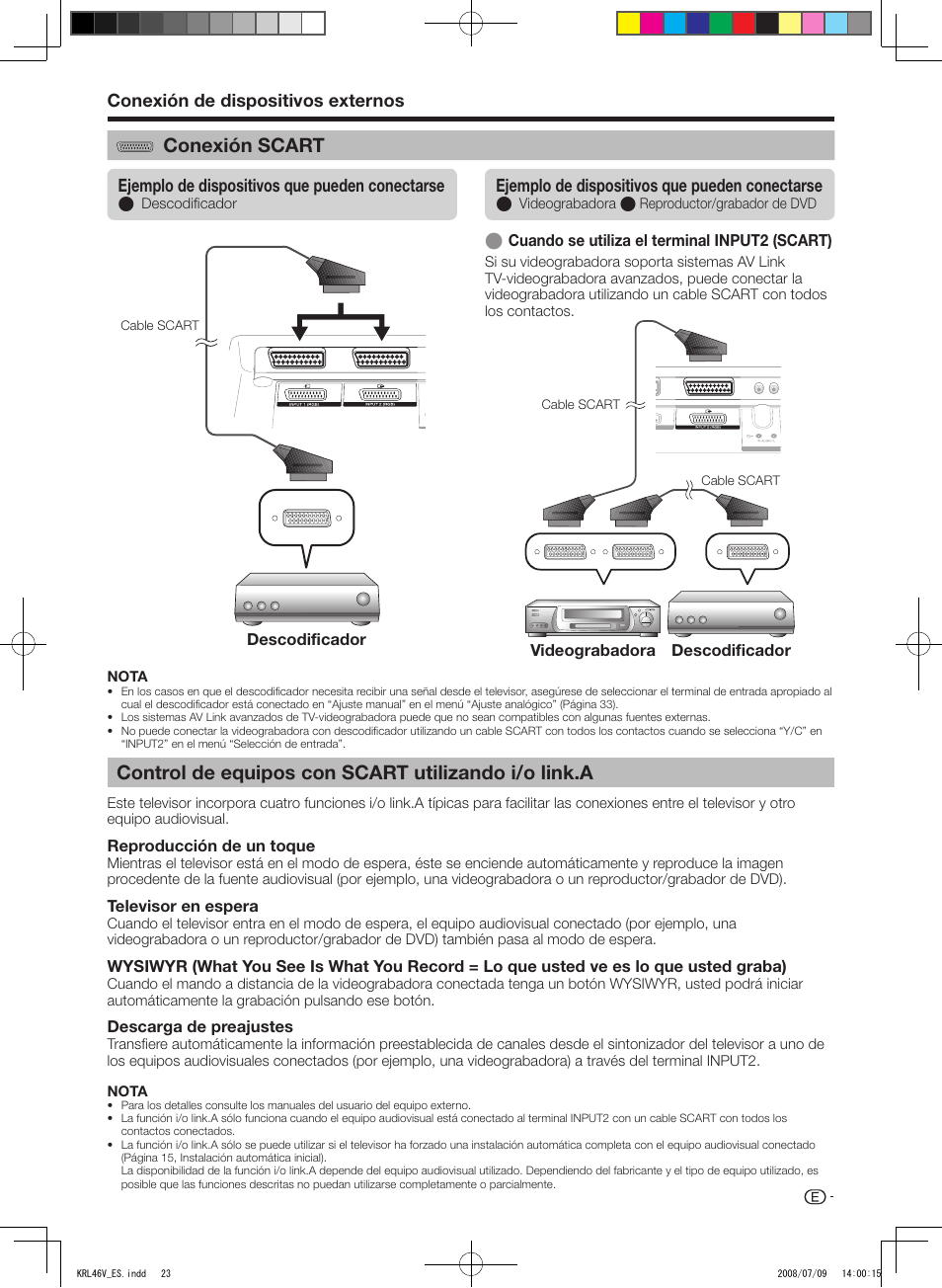 Conexión scart, Control de equipos con scart utilizando i/o link.a, Conexión de dispositivos externos | Ejemplo de dispositivos que pueden conectarse | Pioneer KRL-46V User Manual | Page 265 / 338