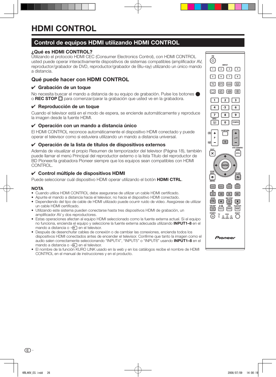 Hdmi control, Control de equipos hdmi utilizando hdmi control, Qué puede hacer con hdmi control | Qué es hdmi control, Grabación de un toque, Reproducción de un toque, Operación con un mando a distancia único, Control múltiple de dispositivos hdmi | Pioneer KRL-46V User Manual | Page 268 / 338