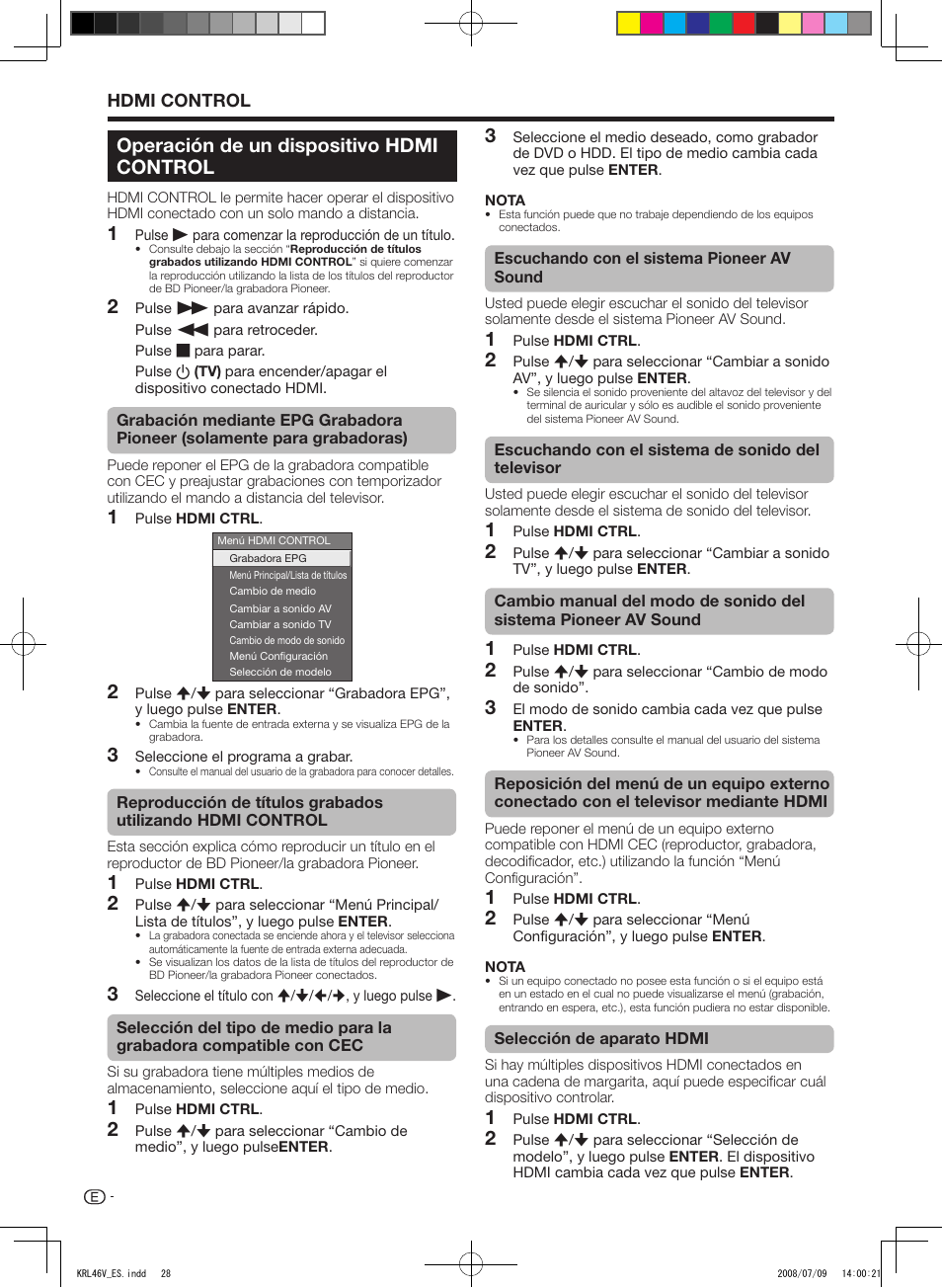 Operación de un dispositivo hdmi control, Hdmi control | Pioneer KRL-46V User Manual | Page 270 / 338